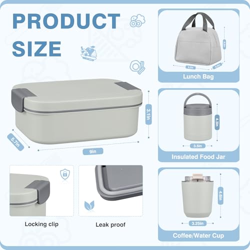 Bento Lunch Box Set with 10.5oz Soup Thermo Food Jar for Adults Kids, Stainless Steel Leak-proof Lunch Container with 4 Compartment, Coffee Tumbler with Lunch Bag for School Travel Office-Grey - color: Gray