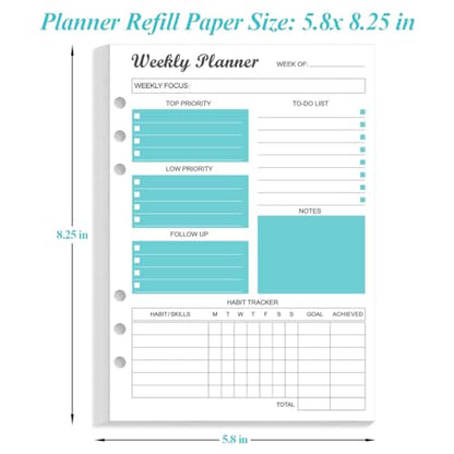 6-Hole Weekly Planner Refills for A5 Binders - 53 Sheets/106 Pages Undated Weekly Planner, 100 gsm White Paper, Lasts 1 Year, Undated, 5.8" x 8.3", Teal - size: 1-Pack, style: 6-Hole
