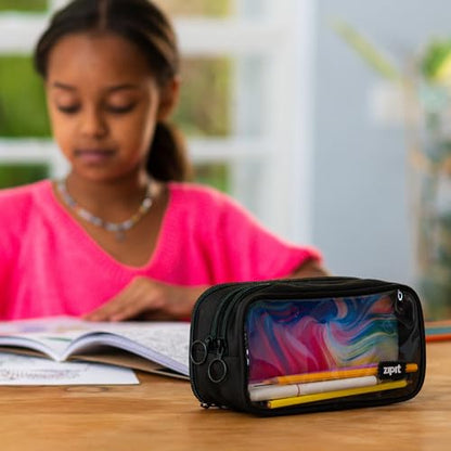 ZIPIT Half & Half Pencil Case, 3 Compartment Zipper Pouch for School, Stationery Bag for Teen Girls Boys and Adults, Black - color: Black Glow