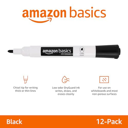 Amazon Basics Lowe-Odor Dry Erase Whiteboard Markers, Chisel Tip, Quick-Dry, Black, 12-Pack