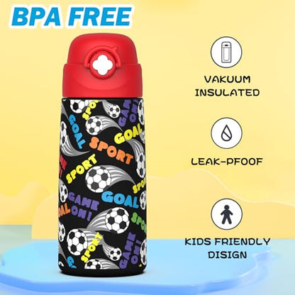 Boys Insulated Water Bottle with Covered Pop-Up Straw,16 oz Kids Cups with Stainless Steel Leak Proof for School（Red-Soccer） - color: A26.Football, style: 1Pack