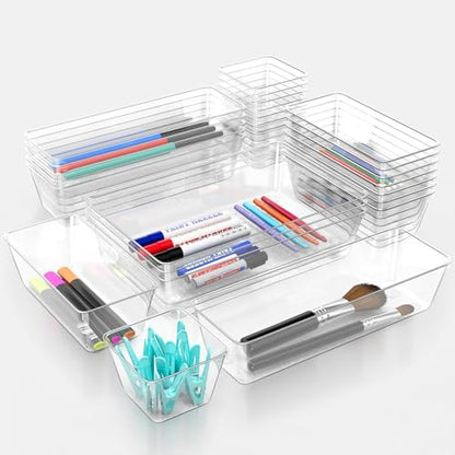 25 Piece Clear Drawer Organizer Set, 4 Sizes Bathroom Vanity Organizer Trays and Storage Bins for Makeup, Cosmetics, Jewelry, and Gadgets. Perfect for Office, Kitchen, Bedroom, Bathroom Use. - size: 25pcs-4size