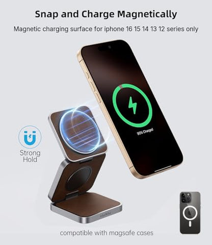 Foldable Magnetic Wireless Charger, KU XIU Aluminum Alloy 3 in 1 Charging Station for Apple, Fast Charging Travel Charger for iPhone 17 16 15 14 13, 5W for Apple Watch Ultra, AirPods, Leather Texture - color: Leather Texture