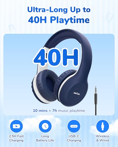 EarFun K2 Kids Bluetooth Headphones, Kids Headphones with Volume Limited, 40H Playtime, Built-in Mic, Stereo Sound, Foldable Over-Ear Headphone for School/Travel/iPad/Tablet, Blue - color: Blue