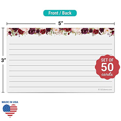 321Done Ruled Index Cards, Small 3x5, Set of 50, Red Roses on White | Made in USA - Lined Note Cards for Studying, Flashcards and Recipes, Heavy White Cardstock, Lines Both Sides, Home and School - size: Small (3x5)