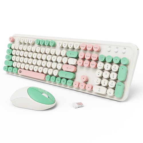 Wireless Keyboards Mouse Combos, Colorful Cute Typewriter Full-Size Retro Round Creamy Keyboard, 2.4GHz Sleep Mode Office Wireless Keyboard and Mouse Set for Desktop Laptop PC Computer - color: 105 Keys Green Colorful
