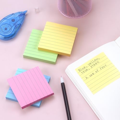 Lined Sticky Notes 3x3in, Self-Adhesive, 4 Pads, 90 Sheets/Pad, Pastel | Strong Self-Stick Adhesive, Sticks Securely and Peels Cleanly - color: Pastel