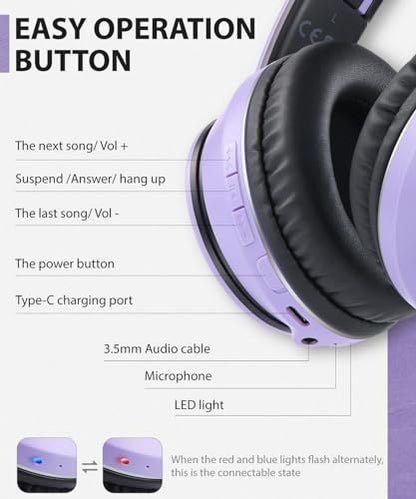 rockpapa E7 Over Ear Wireless Bluetooth Headphones with Mic Without Travel Case, Foldable Wired/Wireless Headphones with Microphone for Kids Childrens Boys Girls Teen Youth Adult Purple Black - color: Purple Black, style: without Case