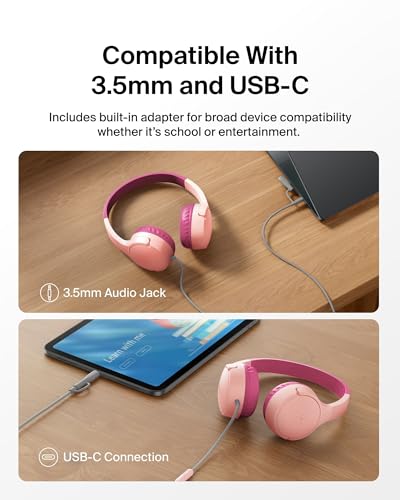 Belkin SoundForm Mini Kids Wired Headphones w/USB C to 3.5mm Dongle, Built-in Mic & Fun Stickers, 85dB Max Volume – for Online Learning, Travel, Compatible w/iPhone 16, iPad, Galaxy S25, etc - Pink - color: Pink, style: Wired (USB-C)
