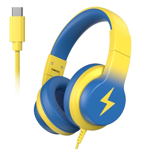 Candy Bila USB C Headphones for Kids,Foldable Wired Over-Ear for Boys Girls | 85dB Safe Volume, HD Stereo Sound, Adjustable headband, Tangle-free cord easy storage, Ideal for School, Travel, iPad, Tablet - color: Light Yellow