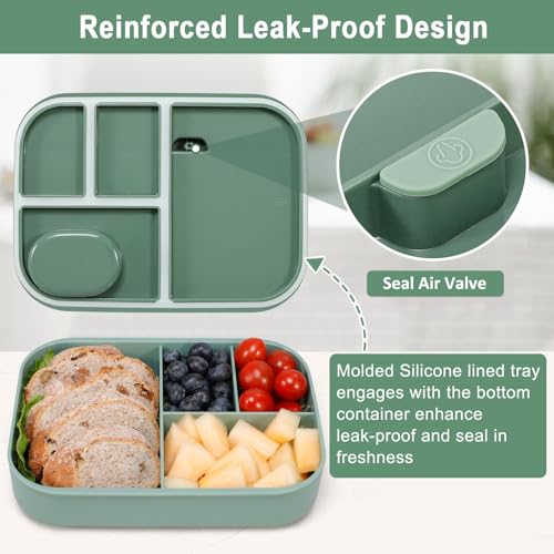 Caperci Stackable Bento Lunch Box for Adult & Teens - Reinforced Leak-Proof Lunch Container 4-Compartment with Utensils & Sauce Container, BPA-Free, Dishwasher/Microwave Safe, 47oz (Khaki Green) - color: Khaki Green