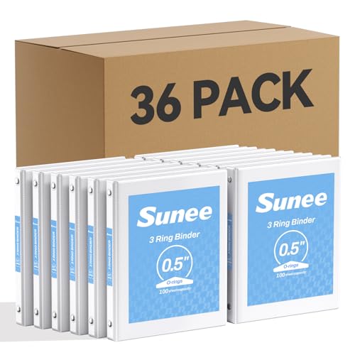 SUNEE White Binders 1/2 Inch 36 Pack Bulk, Clear View 3 Ring Binders PVC-Free (Fit 8.5x11 Inches) for School or Office Supplies - color: White, size: 0.5 Inch, style: 36 Pack