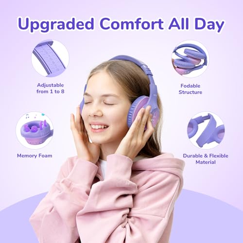 EarFun K4 Kids Bluetooth Headphones, Wireless Headphones with LED Lights | 74/85/94dBA Volume Limited, Built-in Mic, 90H Playtime, Bluetooth 5.4 Over Ear Headphone for iPad/Tablet/School, Violet - color: Gradient Violet