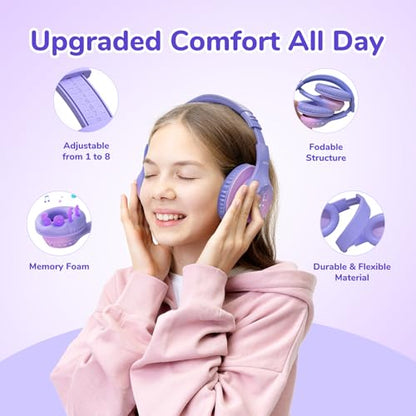 EarFun K4 Kids Bluetooth Headphones, Wireless Headphones with LED Lights | 74/85/94dBA Volume Limited, Built-in Mic, 90H Playtime, Bluetooth 5.4 Over Ear Headphone for iPad/Tablet/School, Violet - color: Gradient Violet