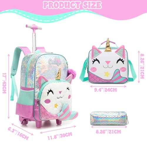Rolling Backpack for Kids Girls 8-12,Lightweight Backpack with Wheels,Mermaid Wheeled School Backpack with Pencil Case Lunch Box for Elementary Middle School - color: White Mermaid