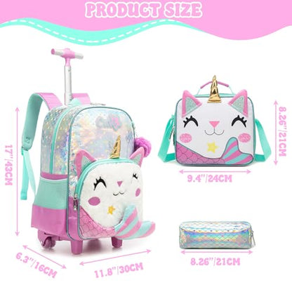 Rolling Backpack for Kids Girls 8-12,Lightweight Backpack with Wheels,Mermaid Wheeled School Backpack with Pencil Case Lunch Box for Elementary Middle School - color: White Mermaid