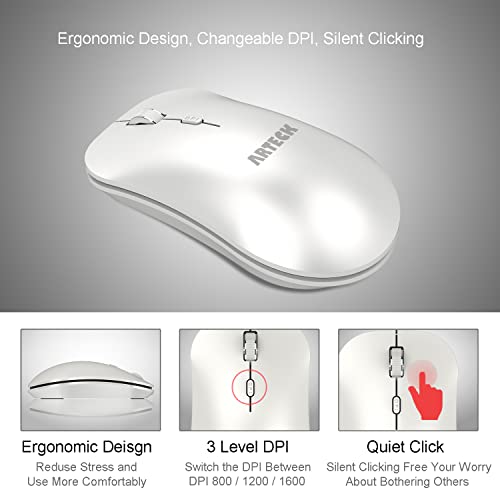 Arteck 2.4G Wireless Mouse with Nano USB Receiver Ergonomic Design Silent Clicking for Computer/Desktop/PC/Laptop and Windows 10/8/7 Build in Rechargeable Battery - White - color: White