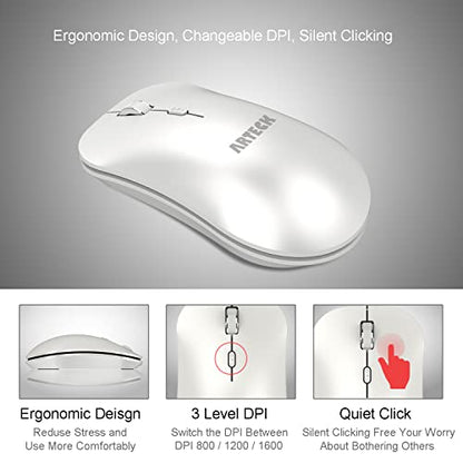 Arteck 2.4G Wireless Mouse with Nano USB Receiver Ergonomic Design Silent Clicking for Computer/Desktop/PC/Laptop and Windows 10/8/7 Build in Rechargeable Battery - White - color: White