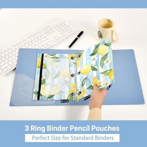 Fustylead Blue White Striped Lemon Floral Binder Pencil Pouch for 3 Ring, Pencil Pouches Bags with Zipper Clear Window for School Office Cosmetic Supplies, 2 Pack - color: Lemon