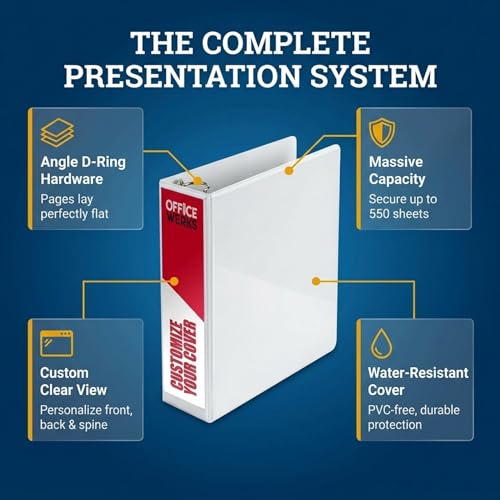 3 Ring Binder, 2.5" Professional Angle D-Rings, Presentation Folder for Standard Pages with Inside Pockets, Customizable Clear View White Binder (3.2" Spine)