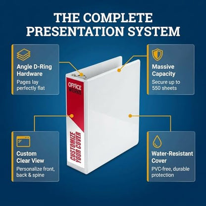 3 Ring Binder, 2.5" Professional Angle D-Rings, Presentation Folder for Standard Pages with Inside Pockets, Customizable Clear View White Binder (3.2" Spine)