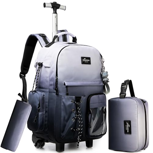 Rolling Backpack for School Backpack with Wheels for Teens Carry On Luggage with Wheels Backpacks for Teens Girls Boys Backpacks with Wheel for traveling - color: Gradient White Black