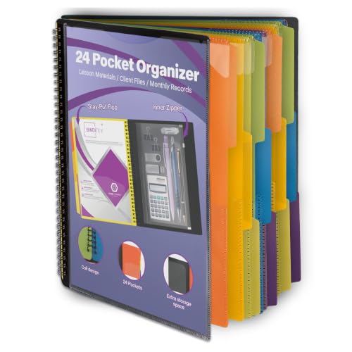 Binditek 1 Pack 24 Pocket Poly Project Organizer with 12 Dividers, Heavyduty Folder with Customizable Front Cover, Metal Wire Binding Spine, Extra Zipper Pouch, Letter Size, Office Supplies - color: 24 Pockets, style: 1 Pack