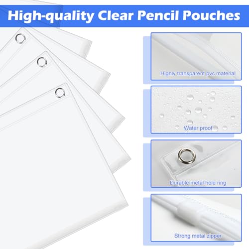 Lincia 24 Pack Clear Pencil Pouch for 3 Ring Binder Pencil Case with Zipper 3 Ring Binder Pocket Insert Bag 10 x 7'' Visible Cash Envelope with Re-enforced Grommet for Office(White, Clear) - color: White, Clear