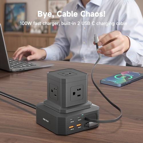 Charging Station (100W), 11-in-1 USB C Power Strip with Surge Protection, 6.6Ft Extension Cord, 4 USB C and 2 USB A Ports, 5 AC Outlets for Home Office Dorm Room - size: Retractable-Deck