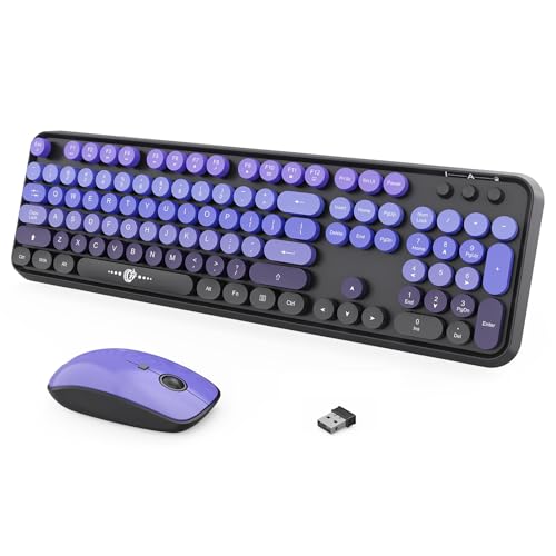 Wireless Keyboard and Mouse Combo, 2.4GHz Retro Typewriter Keyboard with Round Keycaps, Full-Size Creamy Silent Office Set for Desktop Laptop PC Computer (102 Keys Purple Black) - color: 102 Keys Purple Black