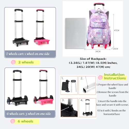 Kids Rolling Backpack for Girls School Backpack with Wheels for Girls Wheeled Bookbags Roller Trolley Bags for Primary Students, 2-Wheel Pink - color: 2 Wheels Pink