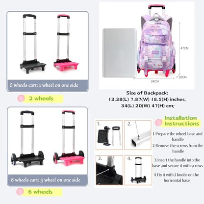 Kids Rolling Backpack for Girls School Backpack with Wheels for Girls Wheeled Bookbags Roller Trolley Bags for Primary Students, 2-Wheel Purple - color: 2 Wheels Purple