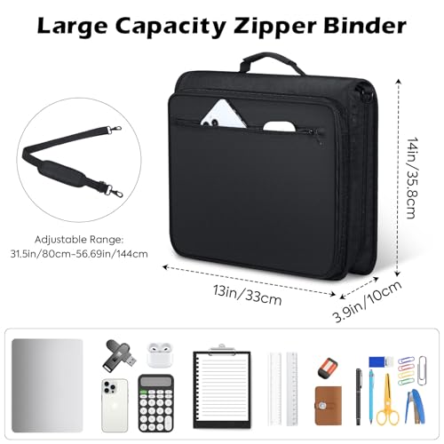 MoKo Zipper Binder, 2 Inch 3 Ring Binder with Multi-Pocket, 500 Sheet Capacity 5 Tab Expanding File Folder, Zipper Bag for School Office, Handle & Shoulder Strap, Black - color: Black