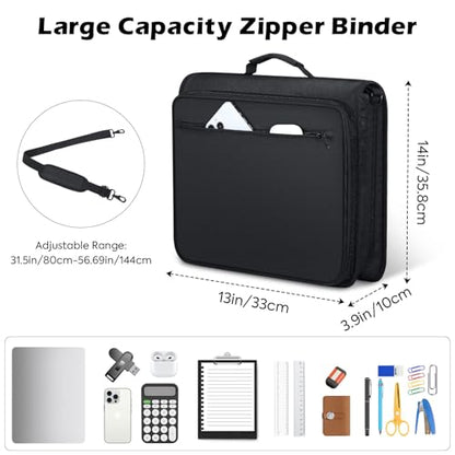 MoKo Zipper Binder, 2 Inch 3 Ring Binder with Multi-Pocket, 500 Sheet Capacity 5 Tab Expanding File Folder, Zipper Bag for School Office, Handle & Shoulder Strap, Black - color: Black