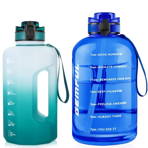 GEMFUL 2 Pack Gym Water Bottle with Strap Half Gallon Motivational Jug for Workout Outdoor BPA-Free Leakproof 2.2 and 3 Liter