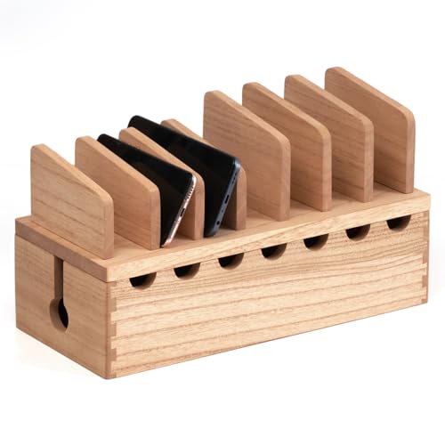 KIRIGEN Charging Station Organizer for Multiple Devices Desktop Organizer Wooden Cable Management with 7 Ports for Cell Phones, Tablets, Earphones GDXH-NA - color: Natural