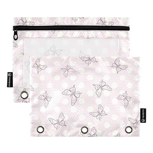 Pencil Pouch for 3 Ring Binder Pastel Pink Butterfly White Dots 2 Pack Clear Window Pencil Bags with Zipper Pencil Case - color: Multicolored 22