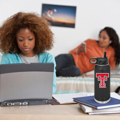 Texas Tech 32oz Stainless Steel Double Walled Black Beverage Bottle with Flip Straw Spout - College Gear for Playoff Season – For Office, Home or Auto – Show your Red Raider Prider - style: Texas Tech / Black