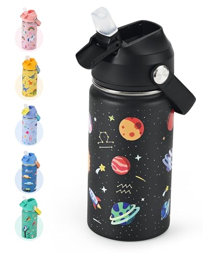 Kids Water Bottle 14oz, Insulated Toddler Water Bottle Stainless Steel | Keeps Cold 24H, Silicone Straw Lid, Leak Proof & Universe Stars Prints Design, Custom Name Tag for School, Daycare, Travel - color: Universe