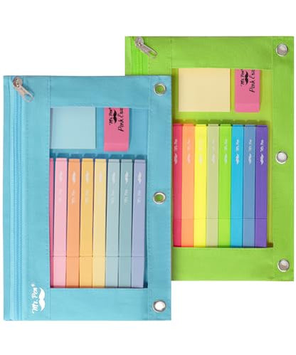 Mr. Pen- Pencil Pouch for 3 Ring Binder, 2 Pack, 10"x6.75", Smooth Zipper | Clear Window, Large Capacity Pencil Case with 3 Reinforced Grommets for School, Office, Supplies Storage | Clear Window, Large Capacity Pencil Case with 3 Reinforced Grommets for