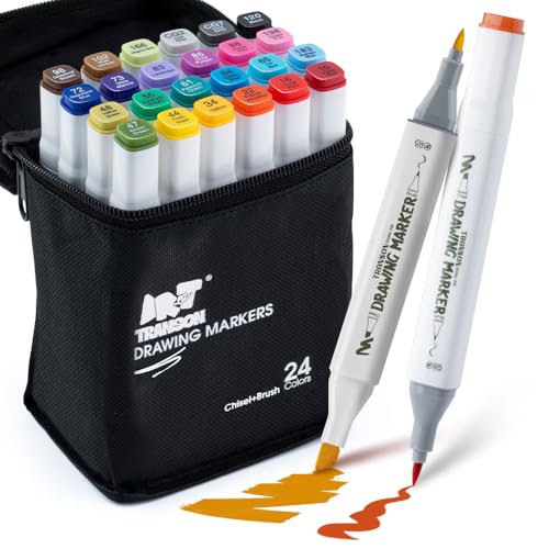 TRANSON Alcohol Markers for Drawing Coloring 24 Colors Dual-tip Brush and Chisel Tips - style: 24 Colors Brush and Chisel