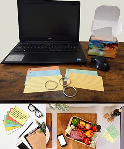 Made in USA – Debra Dale Designs Ruled Note Cards with Rings – 300-Pack 3"x5" – 6 Pastel Colors – Secure Storage Box Included