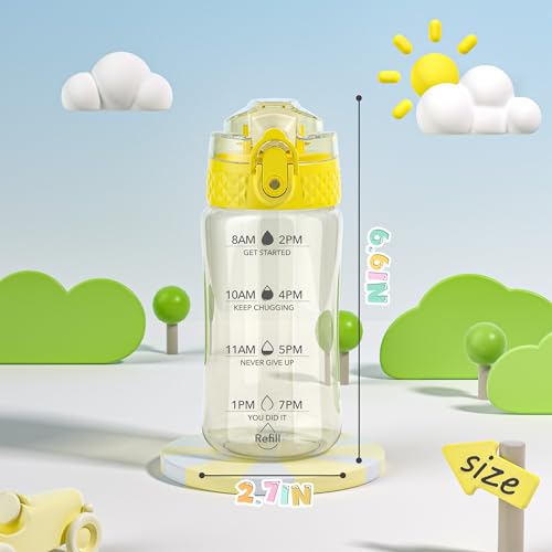 OLDLEY 12oz Kids Water Bottle, Tritan BPA-Free, Leakproof Flip Straw Lid, Motivational Time Marker, Carry Strap, Reusable Clear Water Bottle for Boys & Girls,Butter - color: Butter, style: 12 Ounces