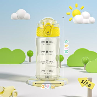 OLDLEY 12oz Kids Water Bottle, Tritan BPA-Free, Leakproof Flip Straw Lid, Motivational Time Marker, Carry Strap, Reusable Clear Water Bottle for Boys & Girls,Butter - color: Butter, style: 12 Ounces