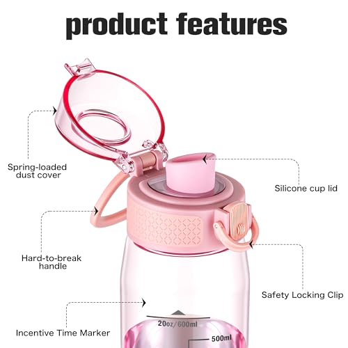 GOPPUS 20oz Kids Water Bottle with Time Marker & Handle, Tritan BPA-Free, Reusable Leakproof Anti-Dust Everyday,Clear Kids Water Bottles For School,Car Travel, Gifts Boys Girls(Pink) - color: B-Pink