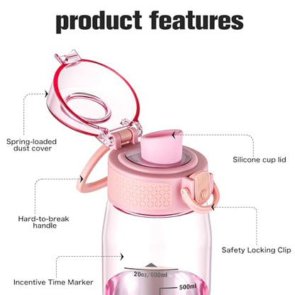 GOPPUS 20oz Kids Water Bottle with Time Marker & Handle, Tritan BPA-Free, Reusable Leakproof Anti-Dust Everyday,Clear Kids Water Bottles For School,Car Travel, Gifts Boys Girls(Pink) - color: B-Pink