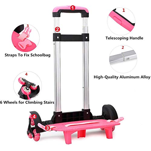 Backpack Hand Truck Wheeled Cart Trolley Hand Aluminium Alloy | Folding Trolley Cart for Schoolbag / Backpack (Pink with Six Wheels) - color: Pink With Six Wheels