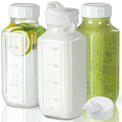 Syntic Glass Juice Bottles with Lids, 3 Pack Clear Glass Water Bottles w 2 Pour Spouts, 16 Oz Reusable Milk Jug w 100% Airtight Cap and Scale for Juicing Containers, Breast Milk Storage, Drinking Jar - style: 3 Pack