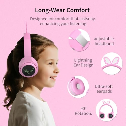 Kids Wireless Headphones with 7-Color RGB LED Lights, Long Playtime, Ultra-Soft Over-Ear for School Travel, Pink Butterfly Wings - color: Pink