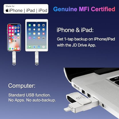 Genuine Apple MFi Certified iPhone USB Flash Drive 128GB - Real Capacity - No Fake Storage, Genuine Lightning, encrypted Auto Backup Photo Stick for iPhone iPad Photos/Videos - Avoid Fake MFi Clones! - size: 128GB (without USBC Adapter), style: 2IN1
